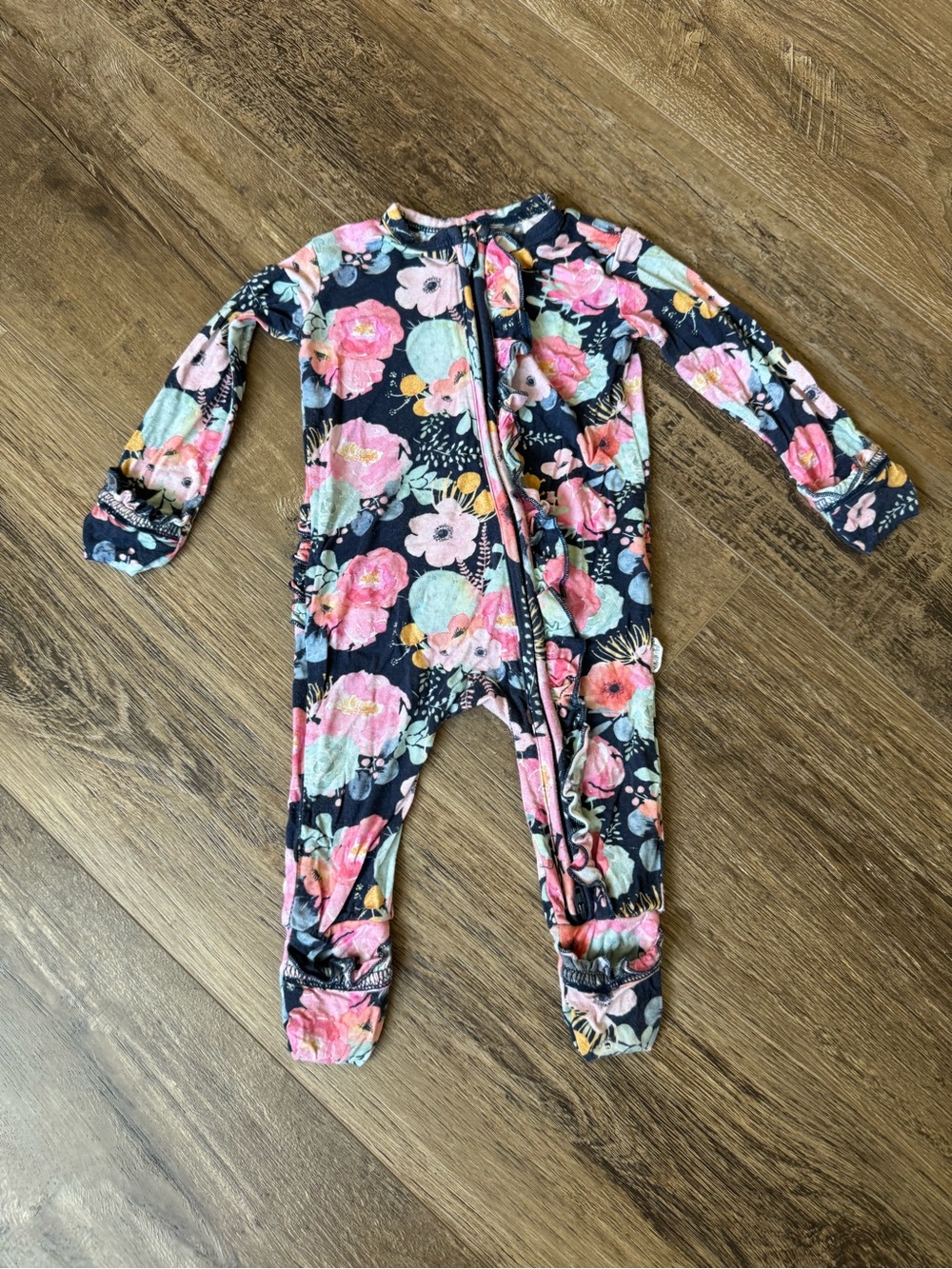 Navy Floral Footed One-Piece with Pink and Mint Blooms